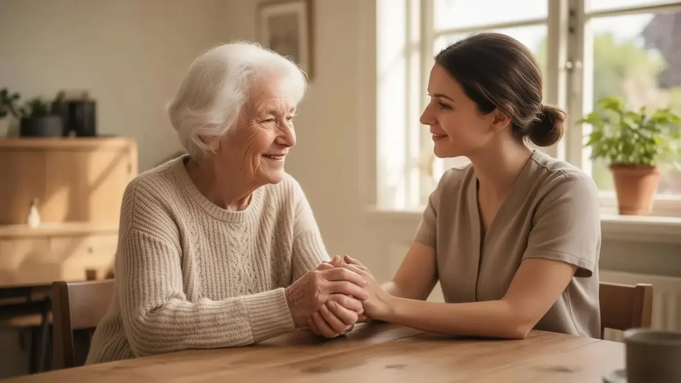 Een oudere en een jongere vrouw zitten tegenover elkaar aan een houten tafel en houden elkaars handen vast.