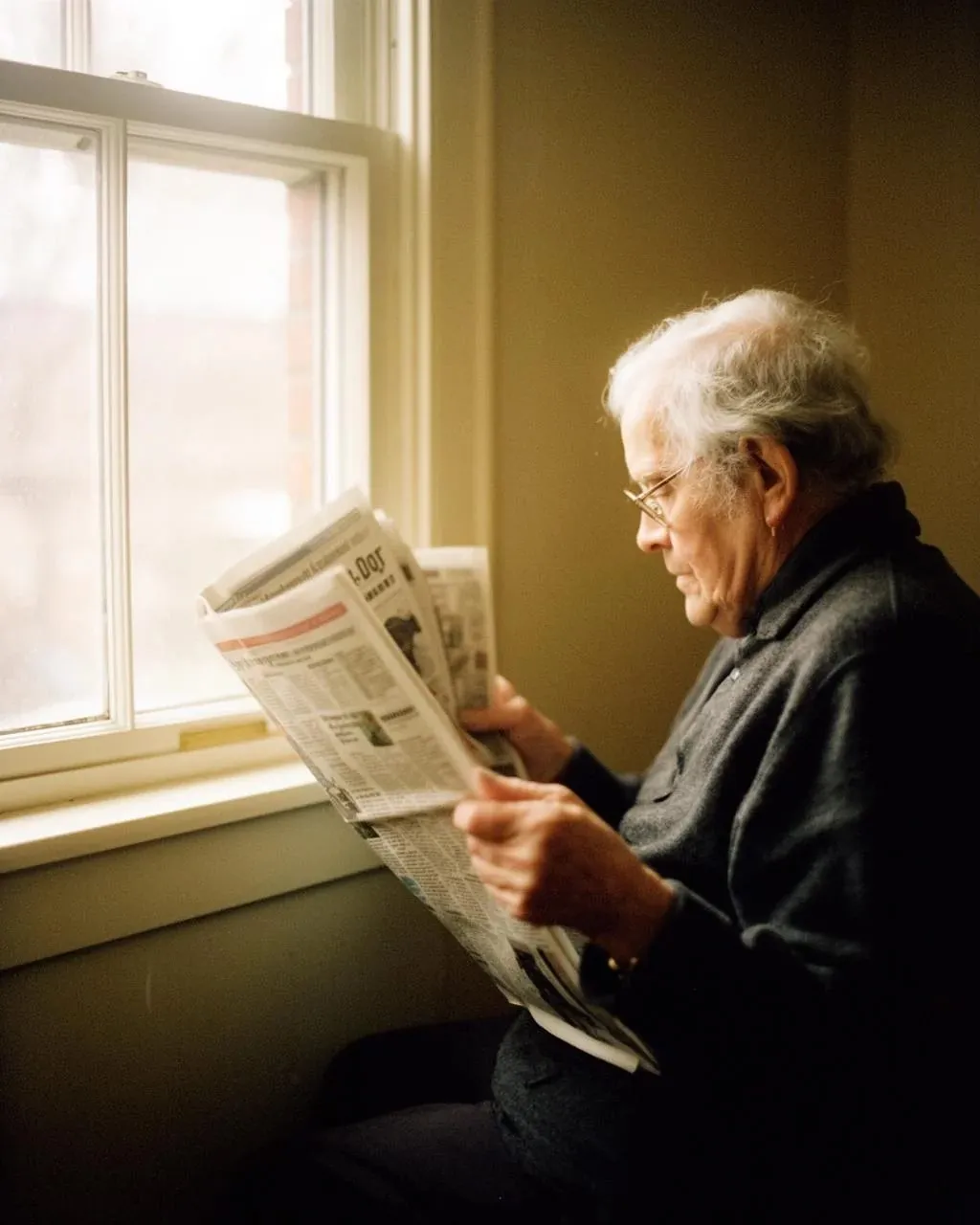 Een oudere man leest een krant bij het licht van een raam.